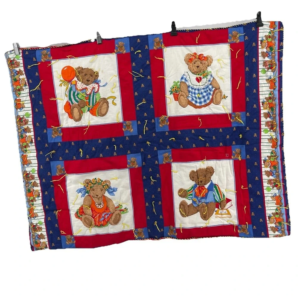 Vintage‎ Handmade Teddy Bear Quilt Blanket Throw Red Blue 39x34 Kids Nursery